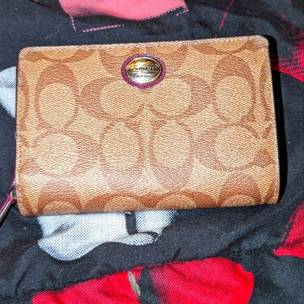 Coach zipper wallet, tan/brown w/cranberry accents